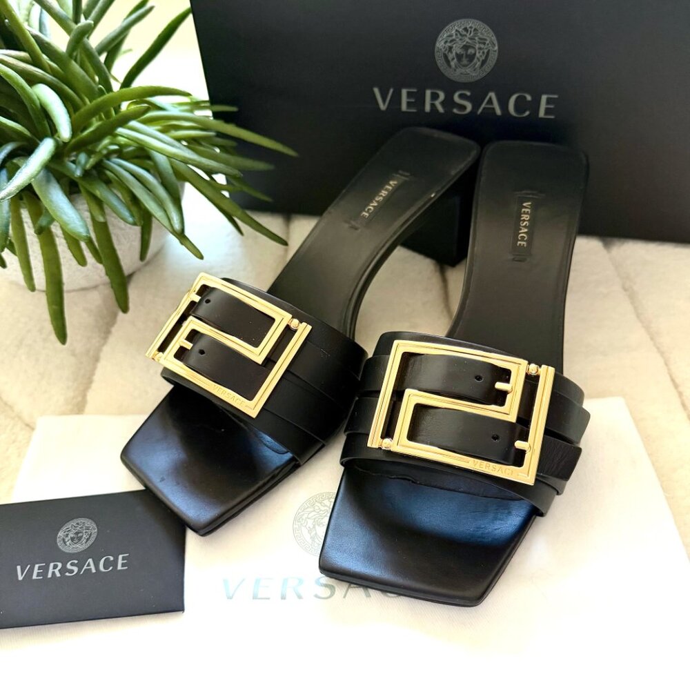 Versace Greta Gold Buckle Empire Heeled Sandals - Picture 5 of 12